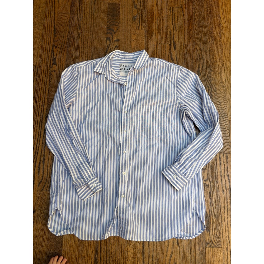 Frank & Eileen Joedy Shirt L Blue White Stripe Cotton Coastal Preppy Minimal